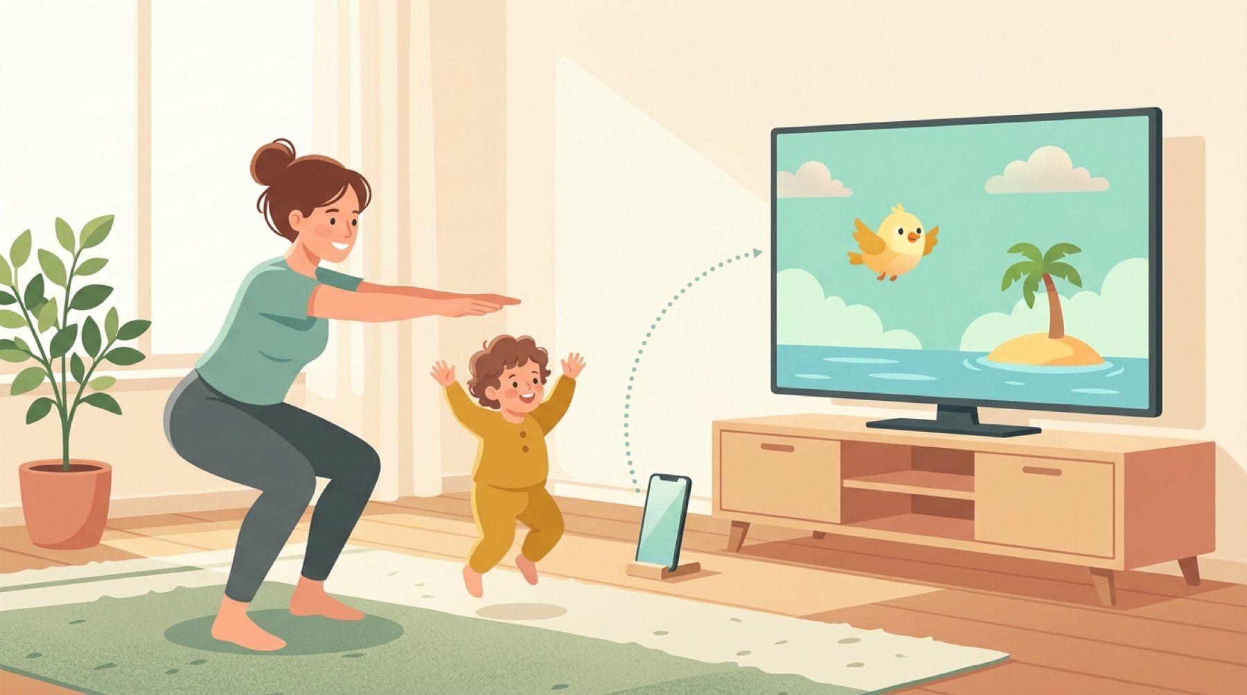 A family squatting in their living room, a phone on the floor filming them and the game on the TV